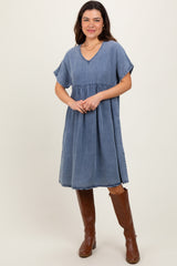 Blue Denim V-Neck Short Sleeve Maternity Dress