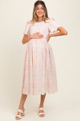 Light Pink Embroidered Chiffon Maternity Midi Dress