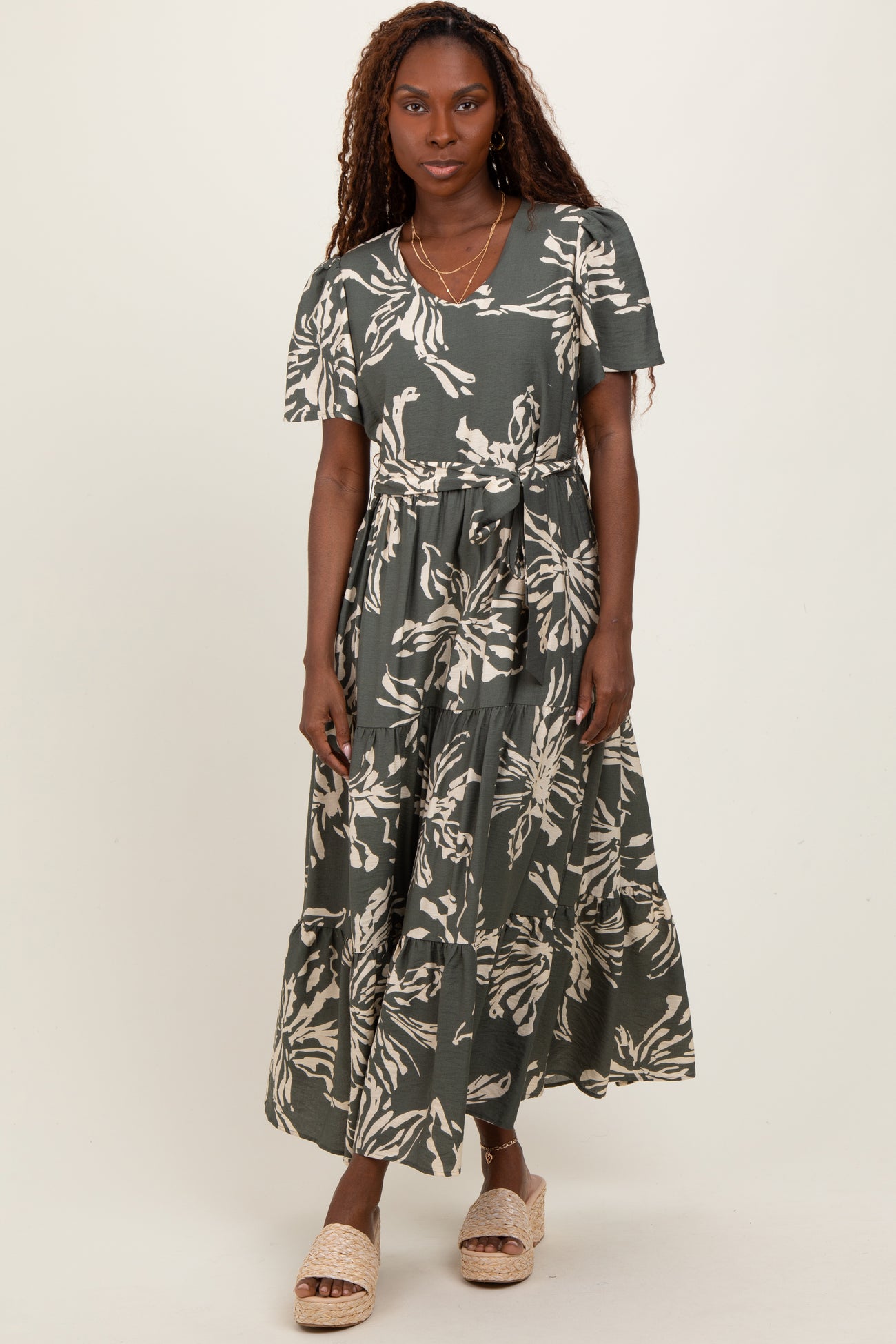 Olive Floral V-Neck Waist Tie Midi Dress