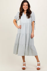 Light Blue Split V-Neck Sleeve Tie Tiered Maternity Midi Dress
