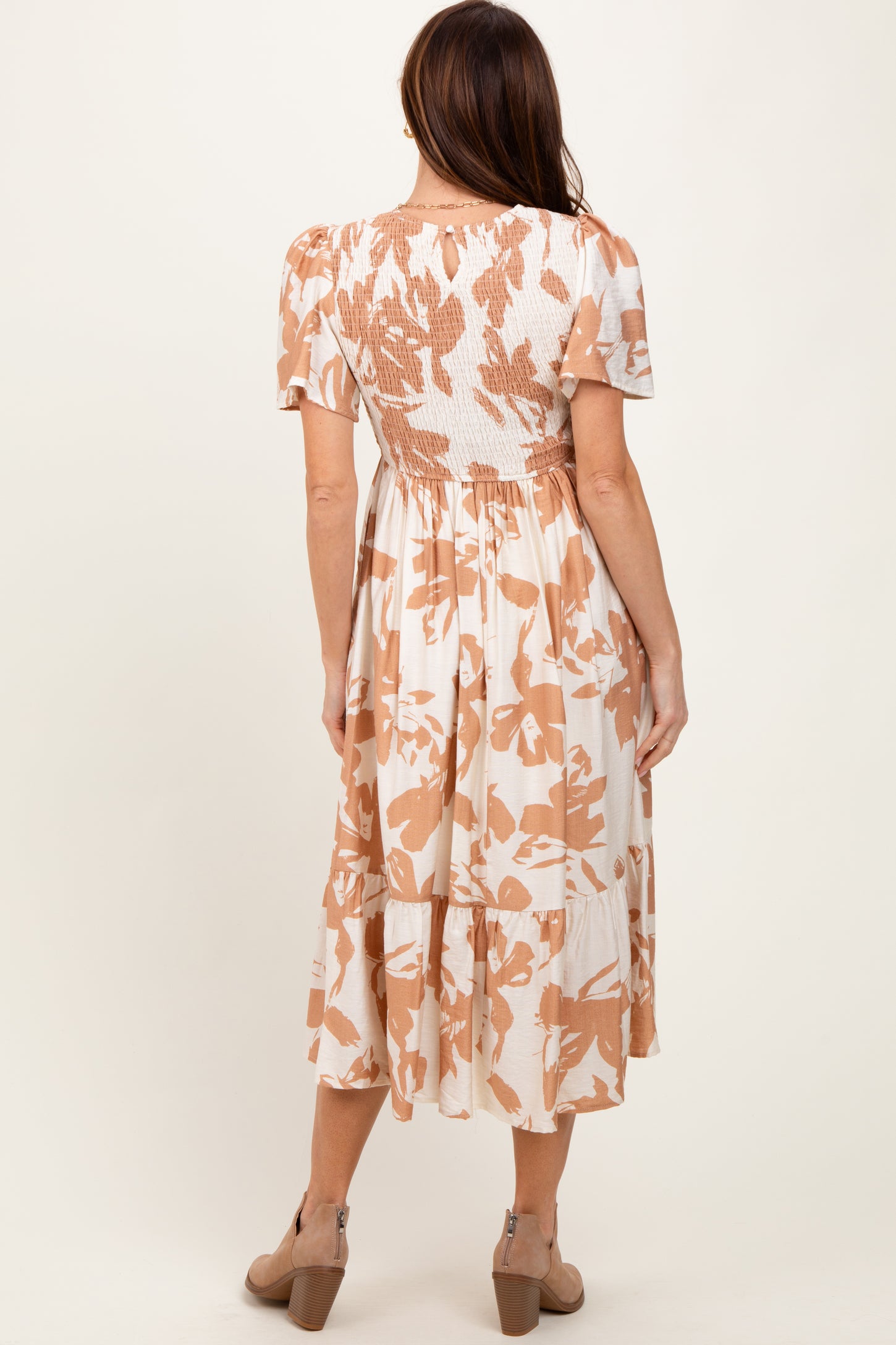 Cream Floral Smocked Short Sleeve Midi Dress