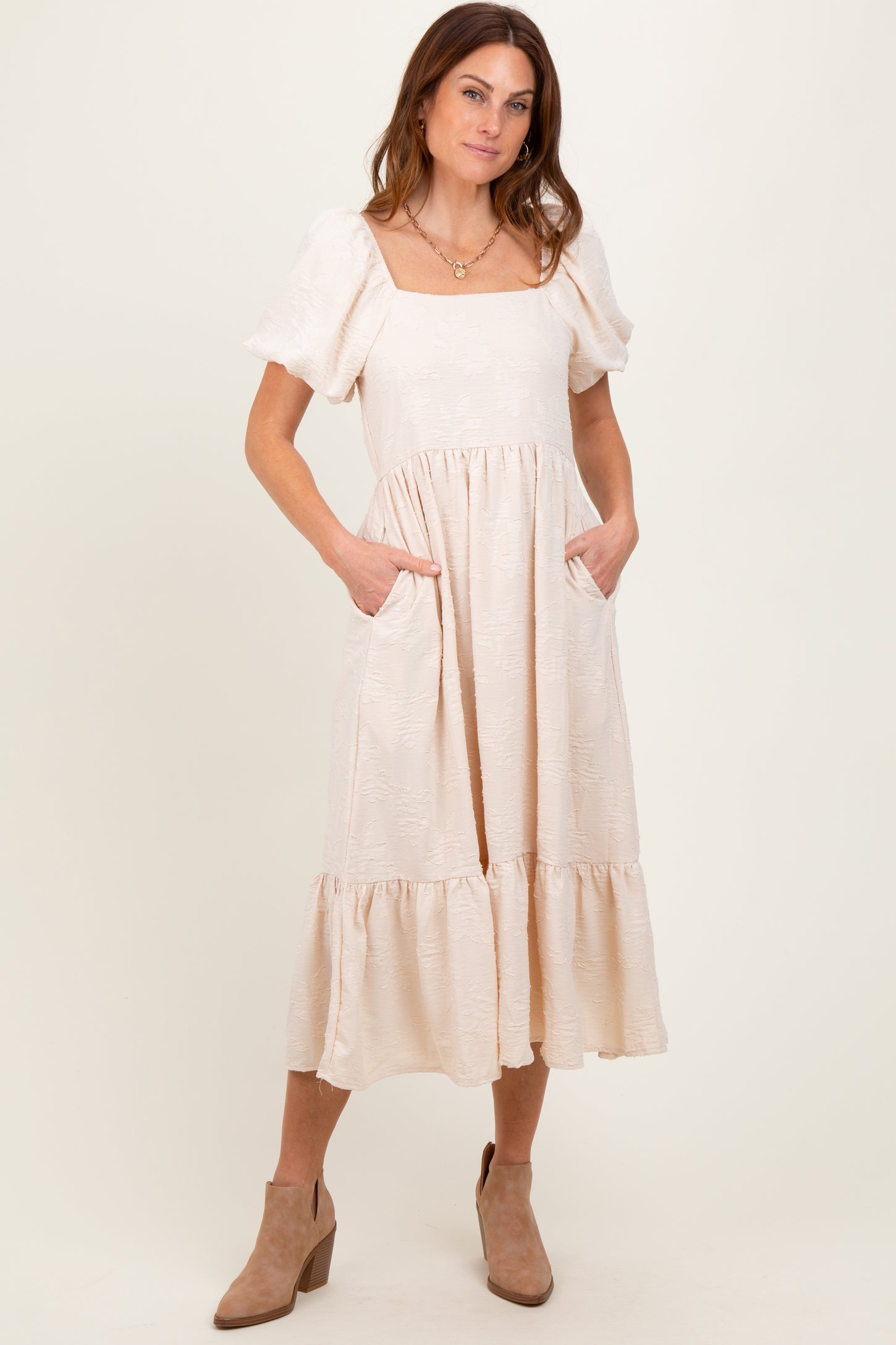 Cream Textured Square Neck Puff Sleeve Maternity Midi Dress