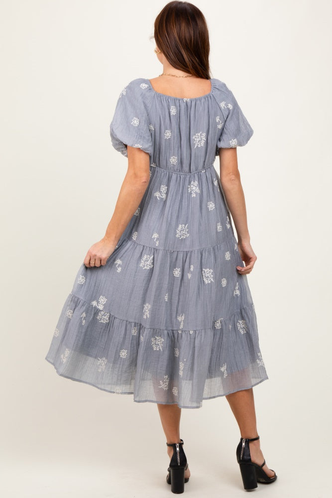 Light Blue Floral Embroidered Tiered Midi Dress