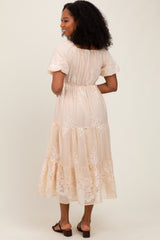 Beige Floral Embroidered Chiffon Midi Dress