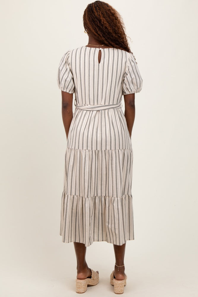 Olive Stripe Tiered Tied Waist Midi Dress