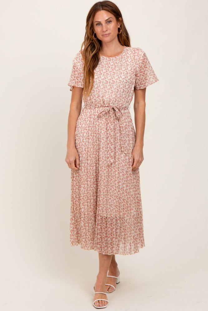 Cream Print Pleated Maternity Midi Dress