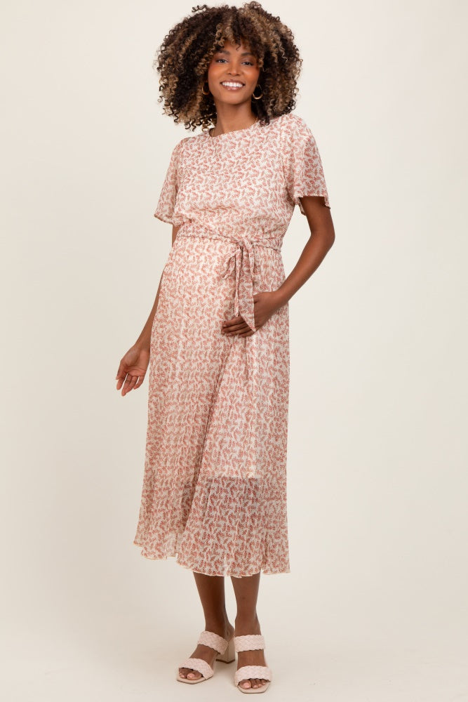 Cream Print Pleated Maternity Midi Dress