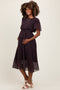 Black Micro Floral Pleated Maternity Midi Dress