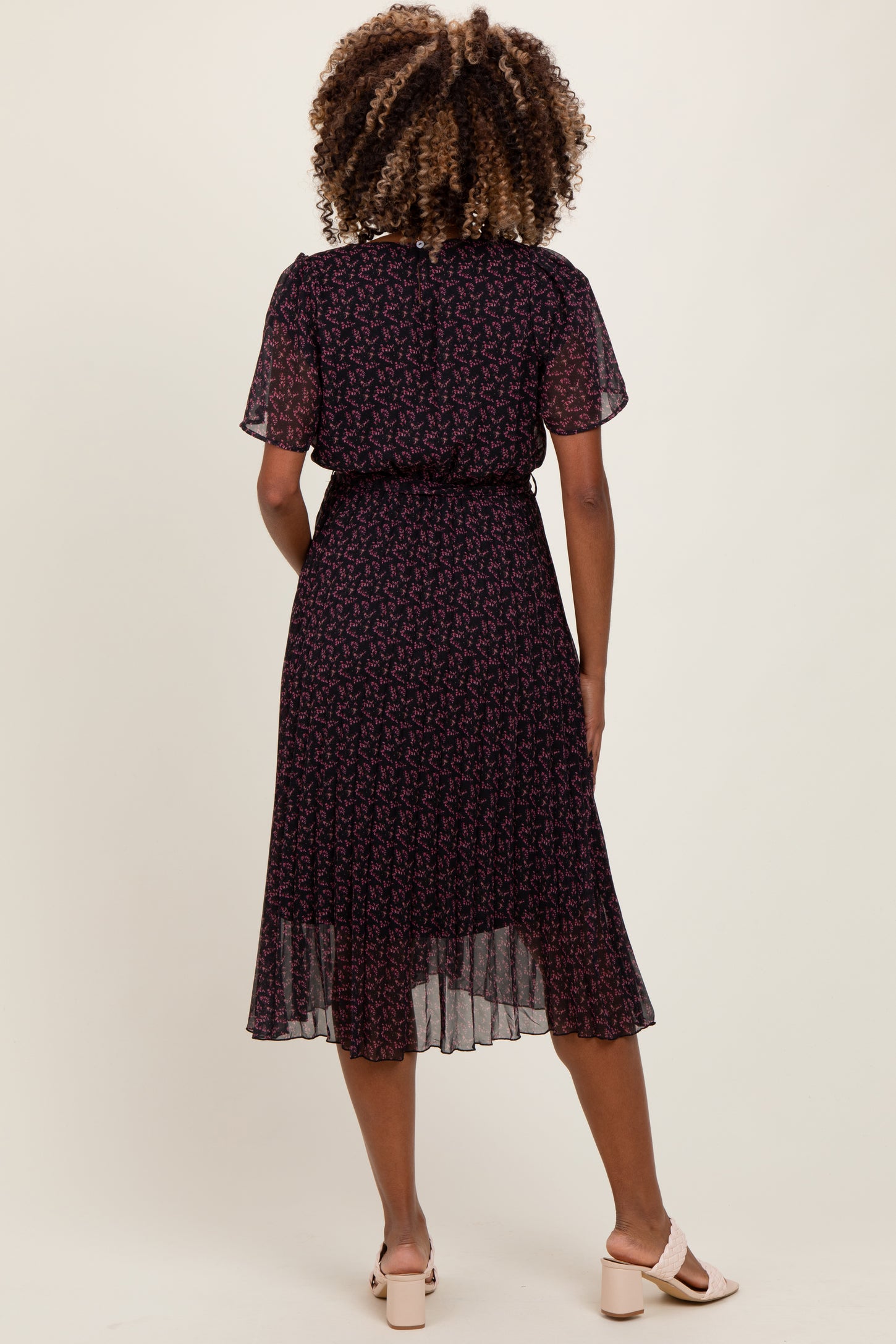 Black Micro Floral Pleated Maternity Midi Dress