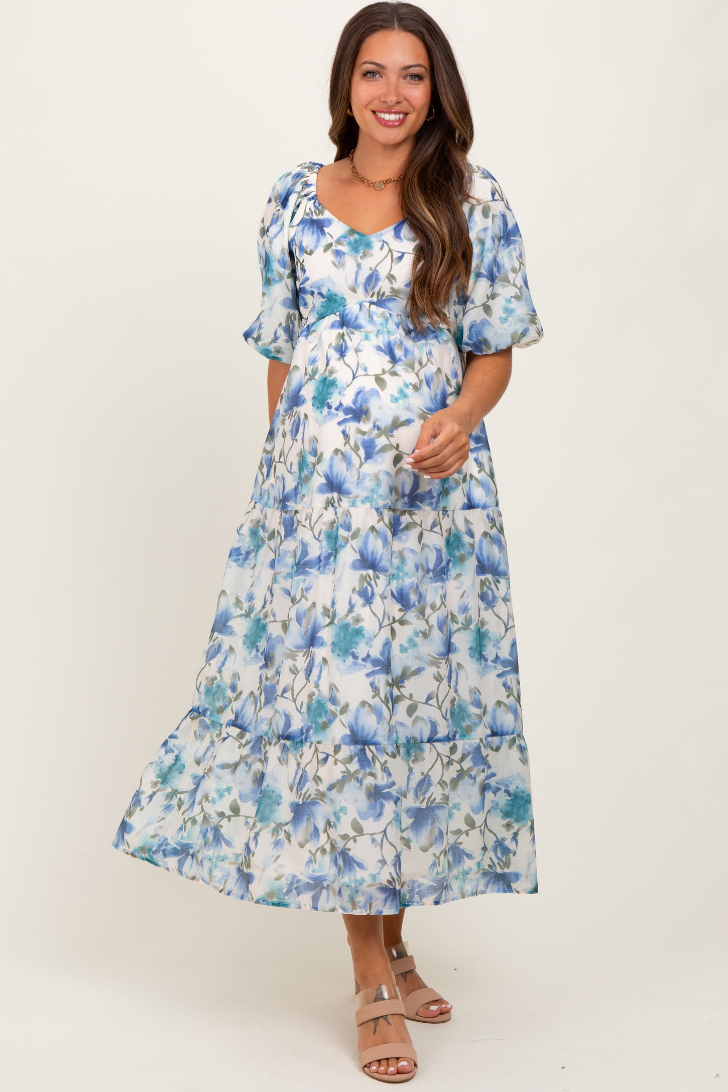 Blue Floral Tiered Puff Sleeve Maternity Midi Dress