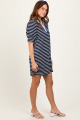 Navy Striped Collared Puff Sleeve Dress