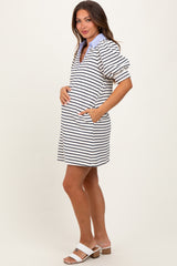 White Striped Collared Puff Sleeve Maternity Dress