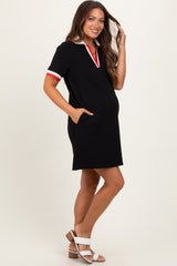 Black Contrast Trim Maternity Mini Polo Dress
