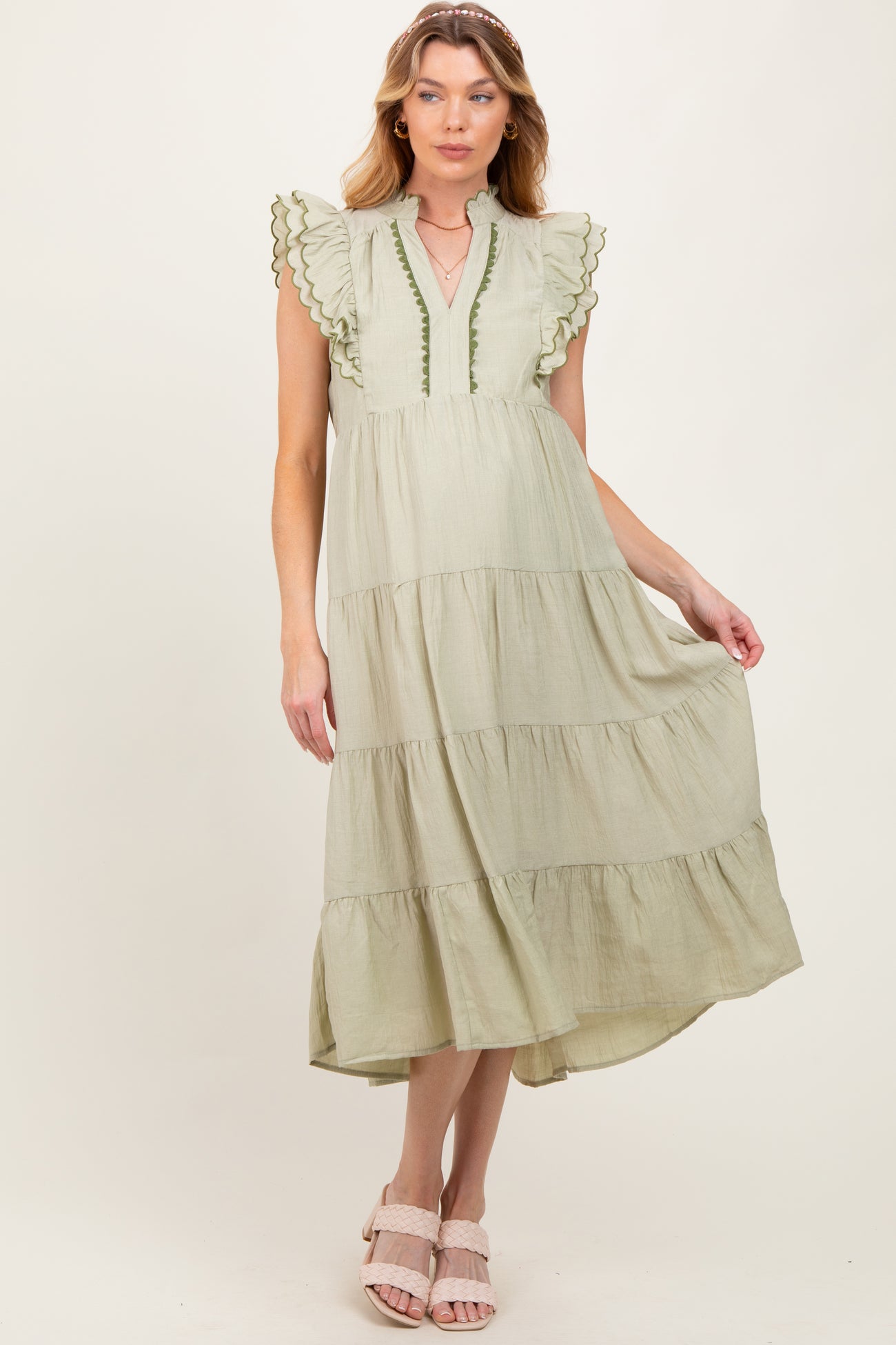 Light Olive Scallop Detail Tiered Maternity Midi Dress