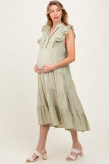 Light Olive Scallop Detail Tiered Maternity Midi Dress