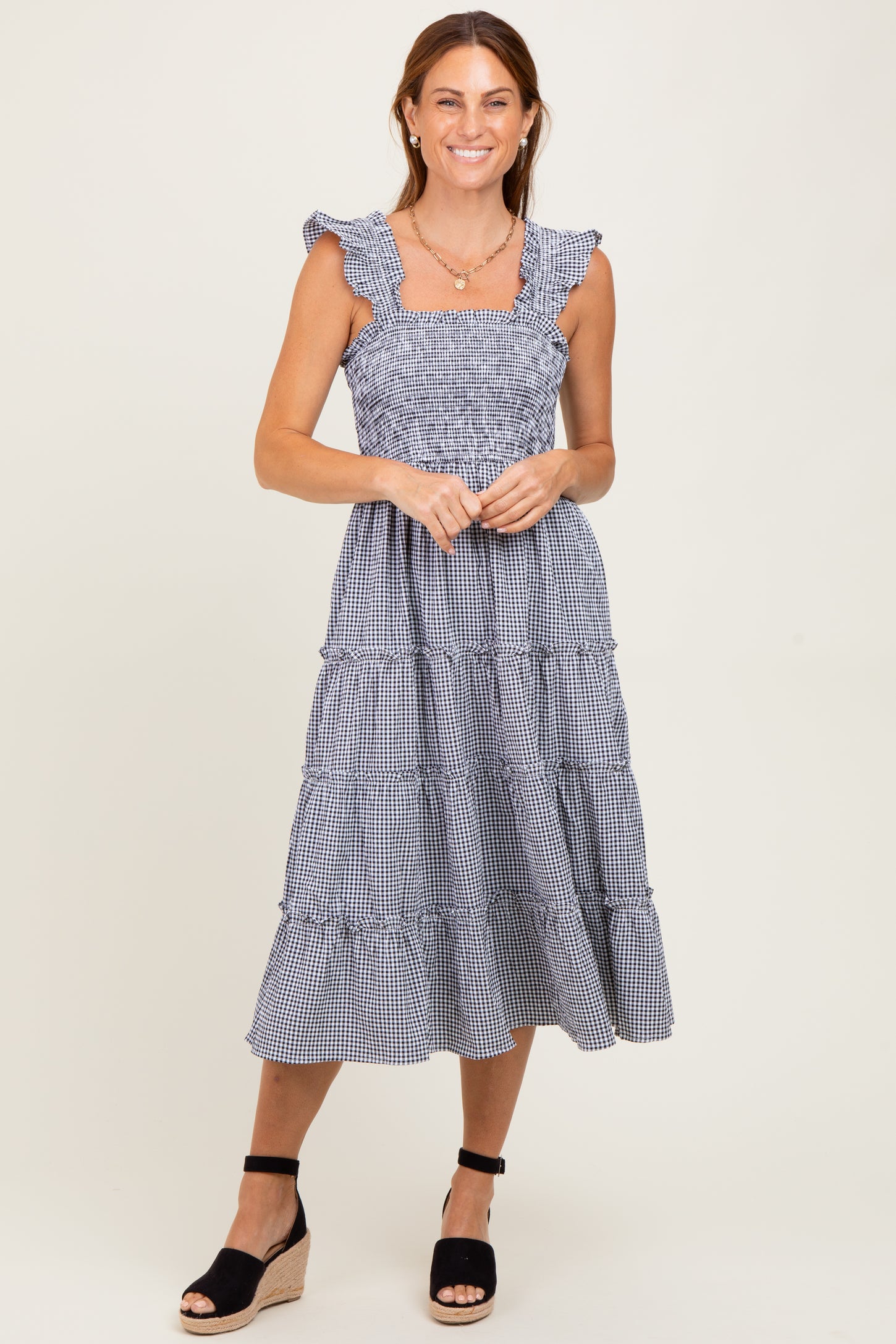 Black Gingham Ruffle Tiered Midi Dress