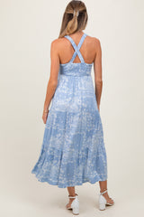 Light Blue Floral Tiered Crisscross Back Maternity Midi Dress