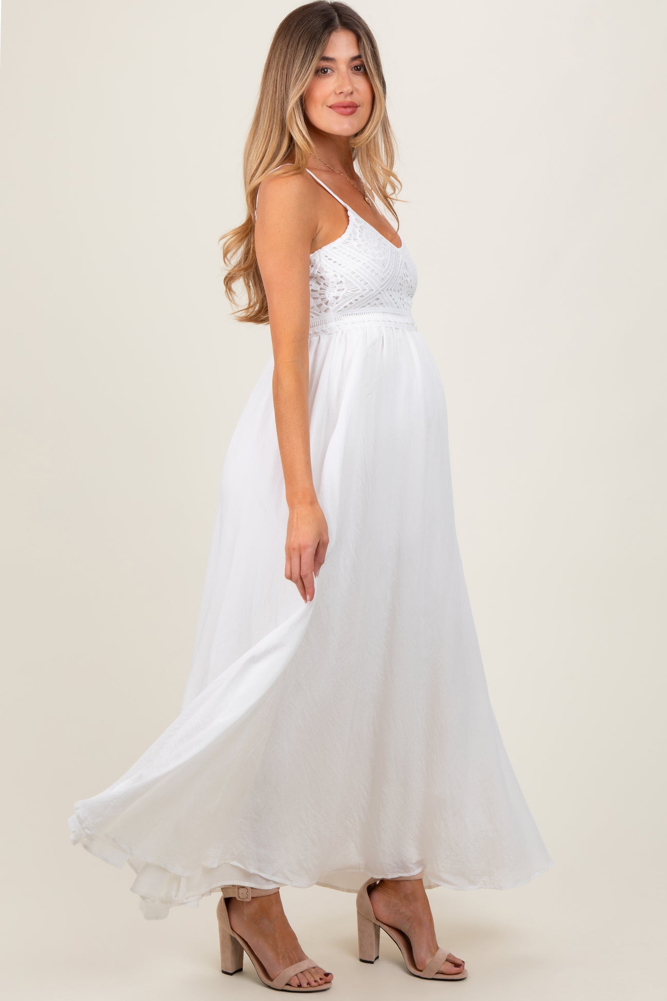 White Crochet Bodice Maternity Maxi Dress