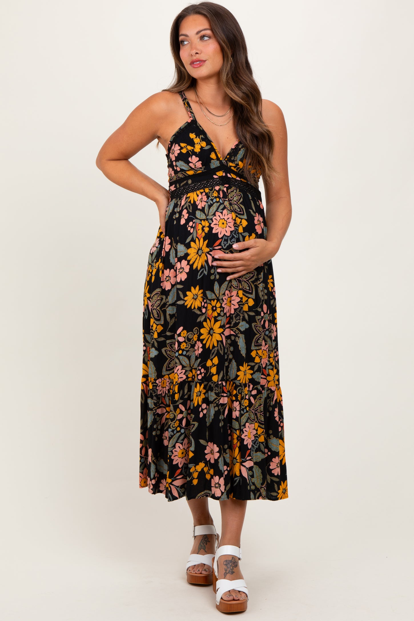 Black Floral Lace Inset Maternity Midi Dress