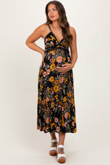 Black Floral Lace Inset Maternity Midi Dress