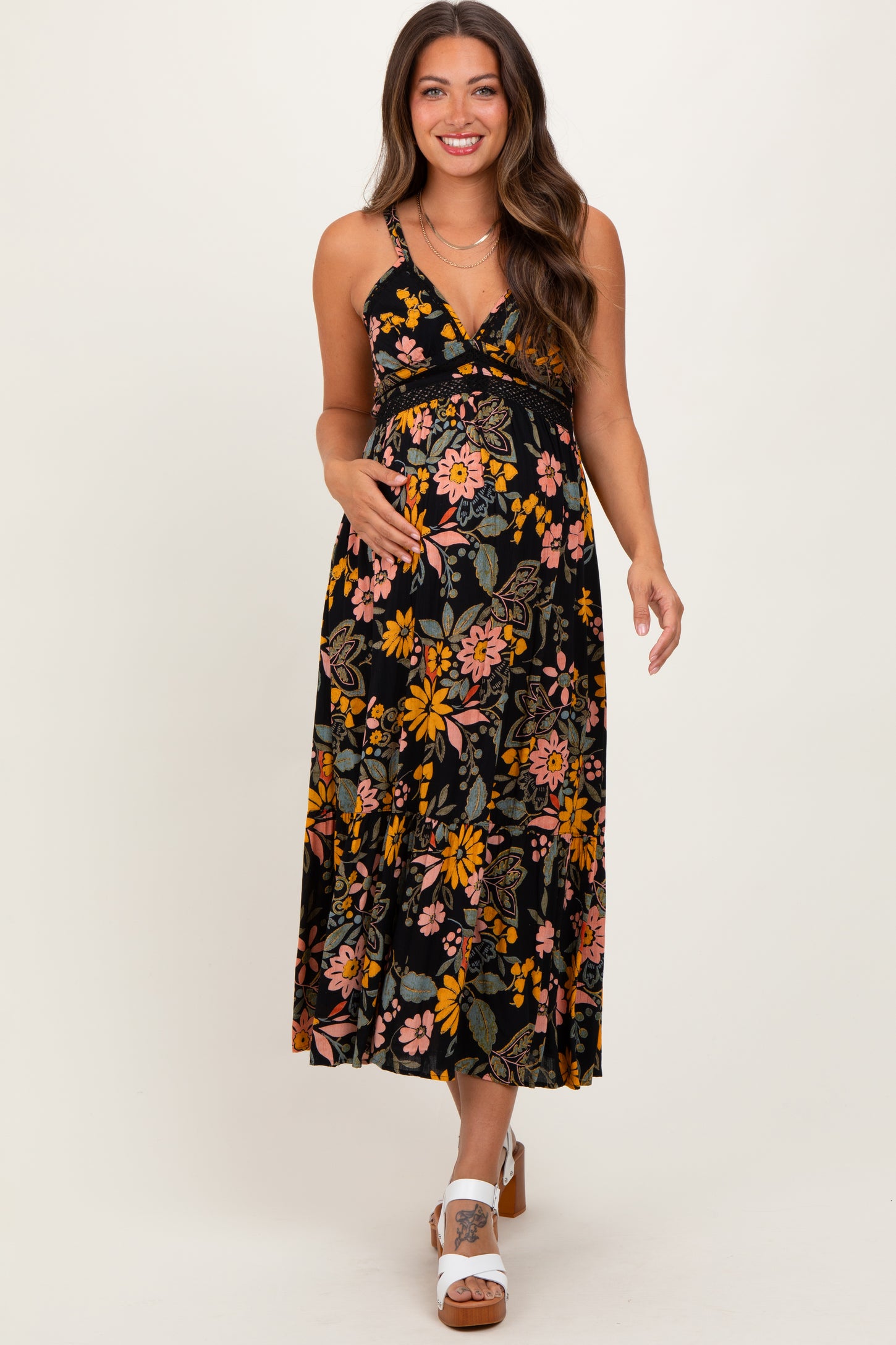 Black Floral Lace Inset Maternity Midi Dress
