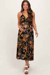 Black Floral Lace Inset Maternity Midi Dress