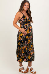 Black Floral Lace Inset Maternity Midi Dress
