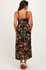 Black Floral Lace Inset Maternity Midi Dress