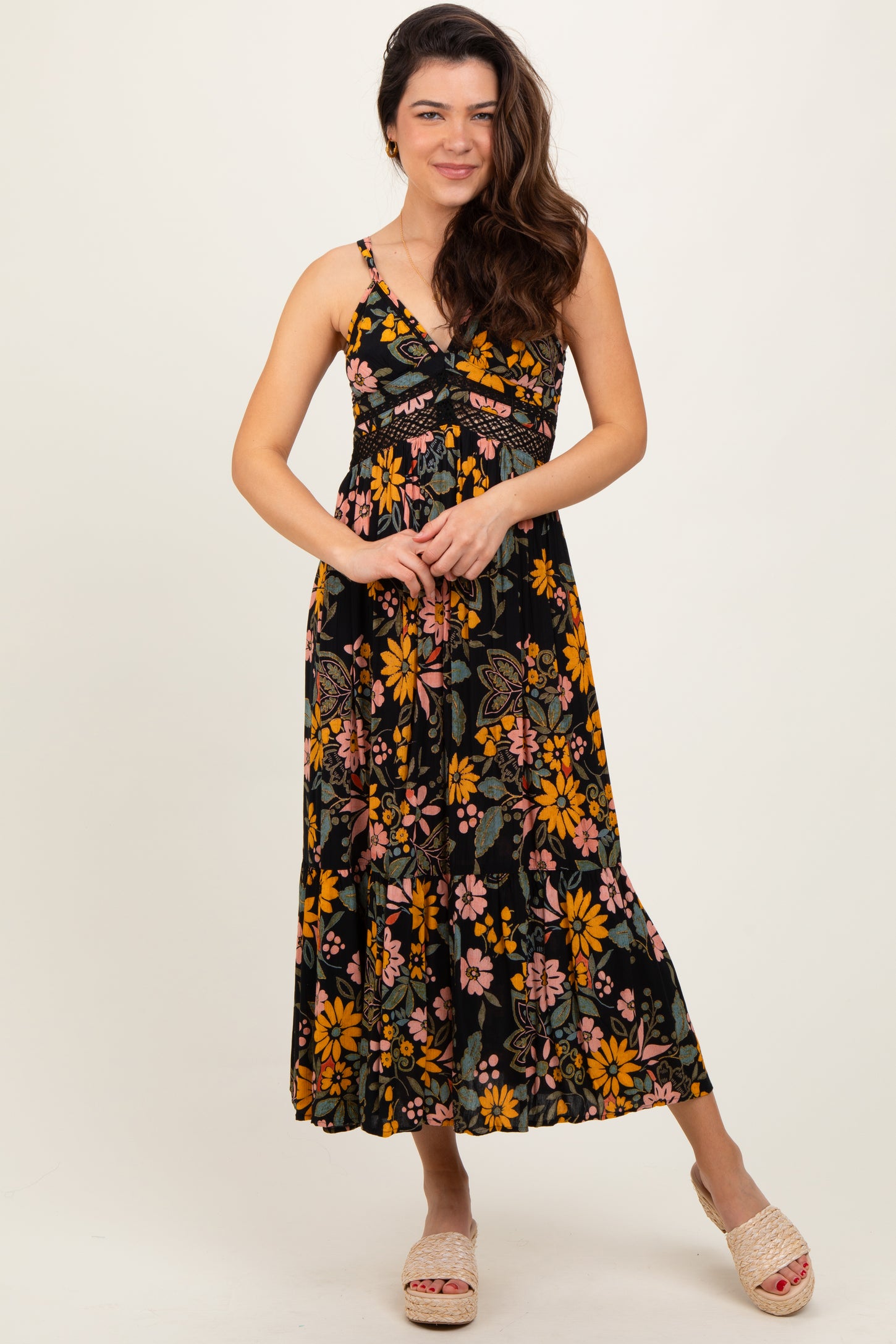 Black Floral Lace Inset Maternity Midi Dress