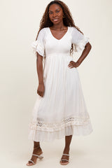 Cream Smocked Crochet Ruffle Trim Midi Dress