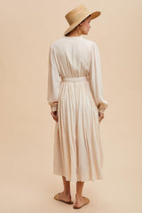 Beige Belted Long Sleeve Maxi Dress