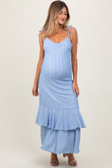 Blue Textured Shoulder Tie Layered Hem Maternity Maxi Dress