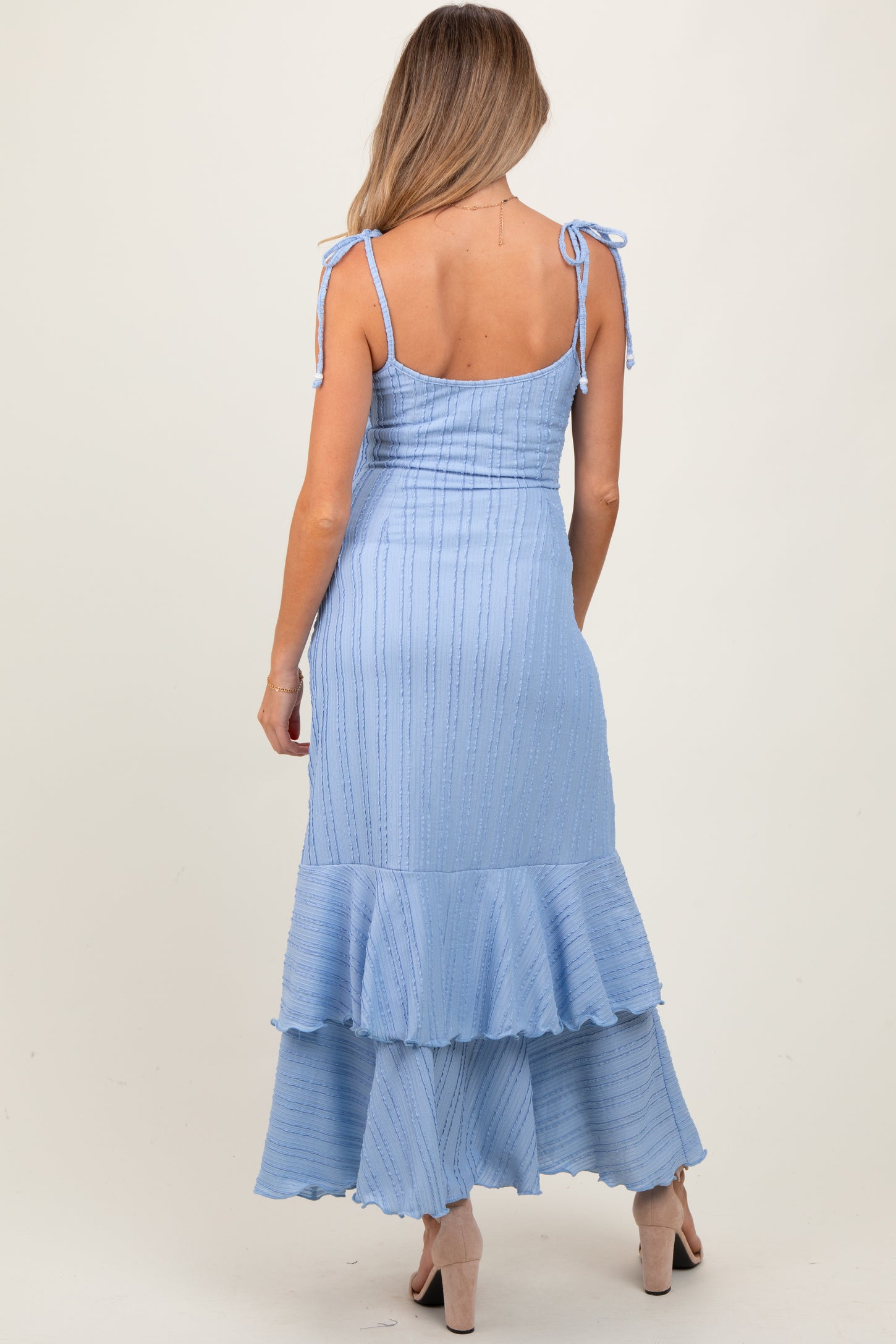 Blue Textured Shoulder Tie Layered Hem Maternity Maxi Dress