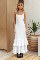 White Textured Shoulder Tie Layered Hem Maternity Maxi Dress