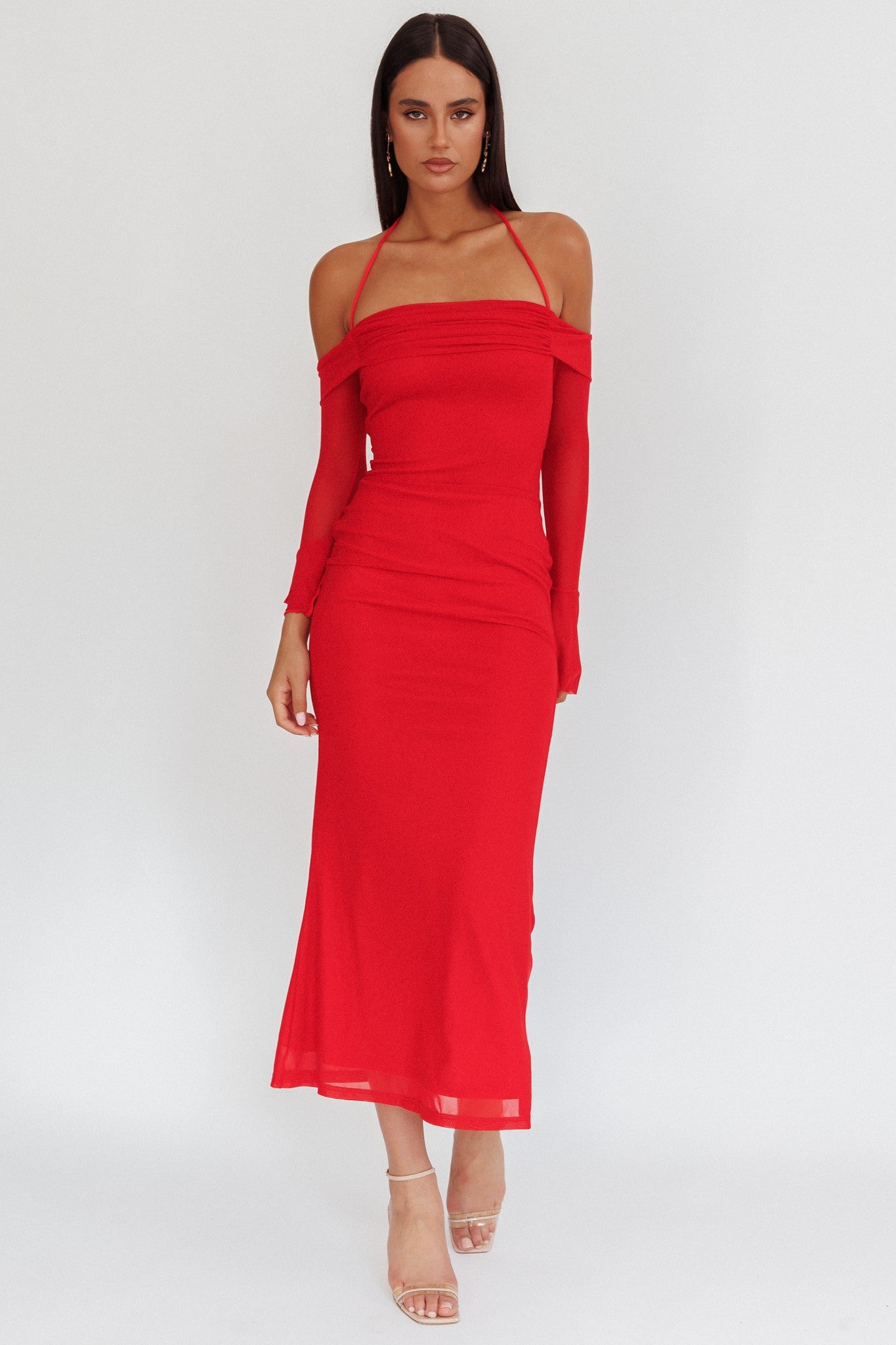 Red Halter Off Shoulder Mesh Maternity Maxi Dress
