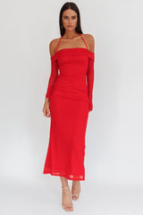 Red Halter Off Shoulder Mesh Maternity Maxi Dress