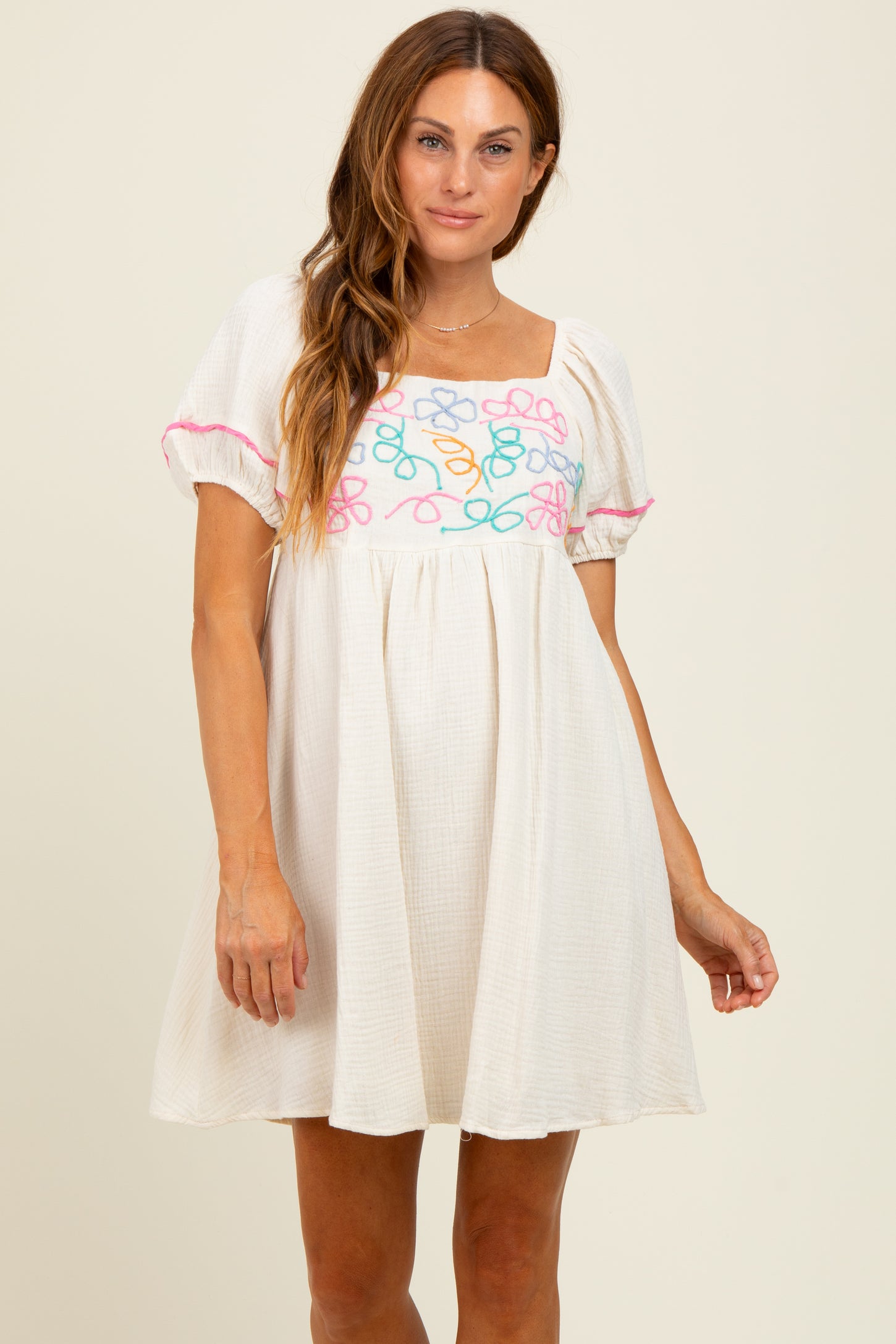 Cream Embroidered Cotton Gauze Mini Dress