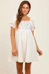 Cream Embroidered Cotton Gauze Mini Dress