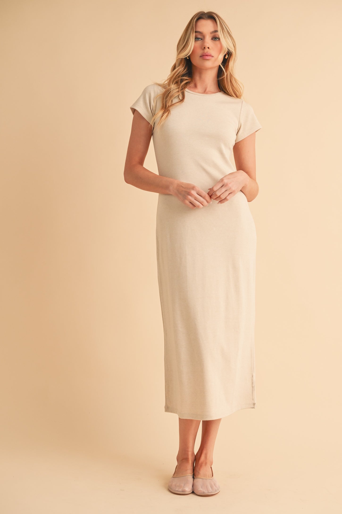 Cream Basic Crewneck Maternity Midi Dress