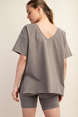 Olive Oversized V-Neck Side Slit Tee