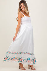 White Smocked Embroidered Floral Border Maternity Maxi Dress