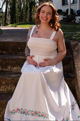 White Smocked Embroidered Floral Border Maternity Maxi Dress