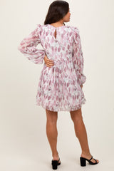 Cream Floral Chiffon Plisse Maternity Mini Dress