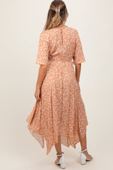 Peach Floral V-Neck Flutter Sleeve Maternity Maxi Dress