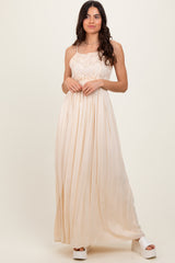 Beige Lace Bodice Cutout Tie Back Maxi Dress
