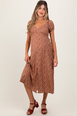 Rust Floral V-Neck Button Front Maternity Midi Dress