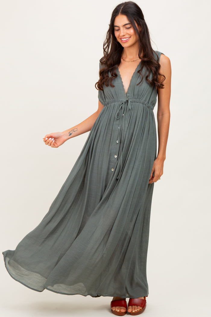 Olive Deep V-Neck Sleeveless Button Down Maternity Maxi Dress