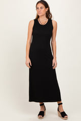 Black Jacquard Sleeveless Side Slit Midi Dress
