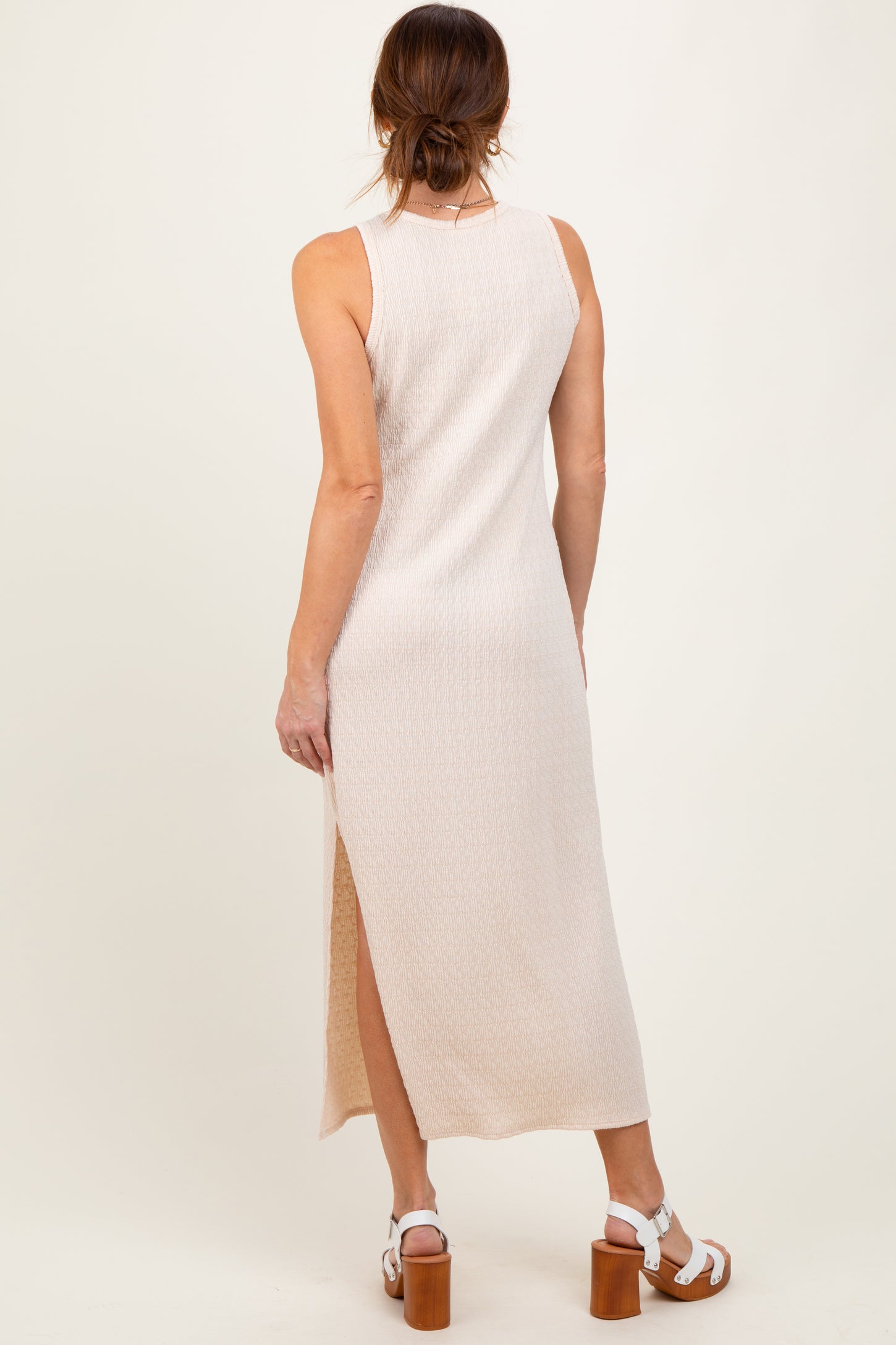 Cream Jacquard Sleeveless Side Slit Midi Dress