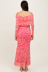 Pink Floral Mesh Off Shoulder Long Sleeve Maxi Dress